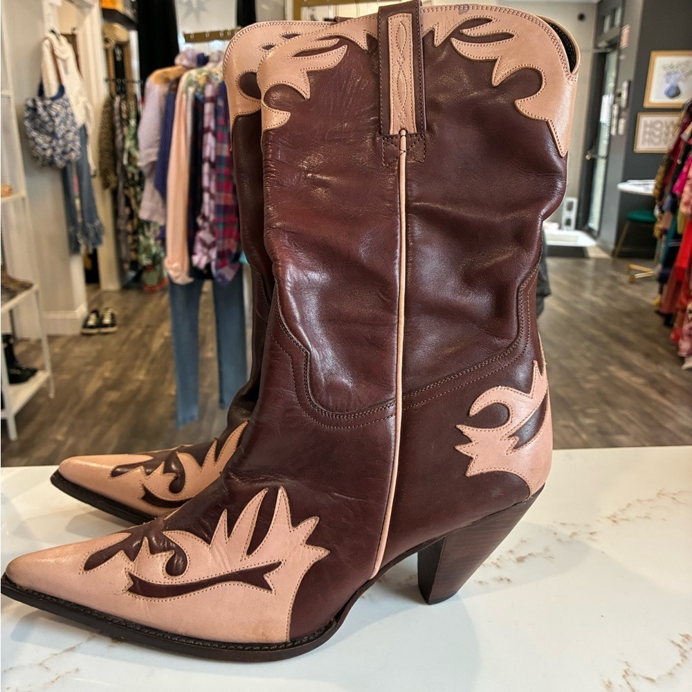 Lucchese Charlie 1 Horse burgundy and pink leather calf-height cowboy boots 10